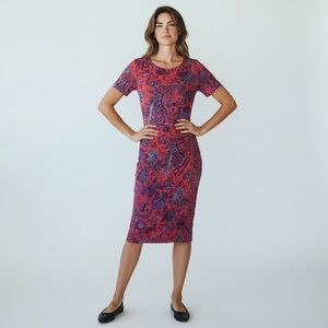 Ralph Lauren Red and Purple Faux Wrap Ruched Midi Dress size M. Pull over style.